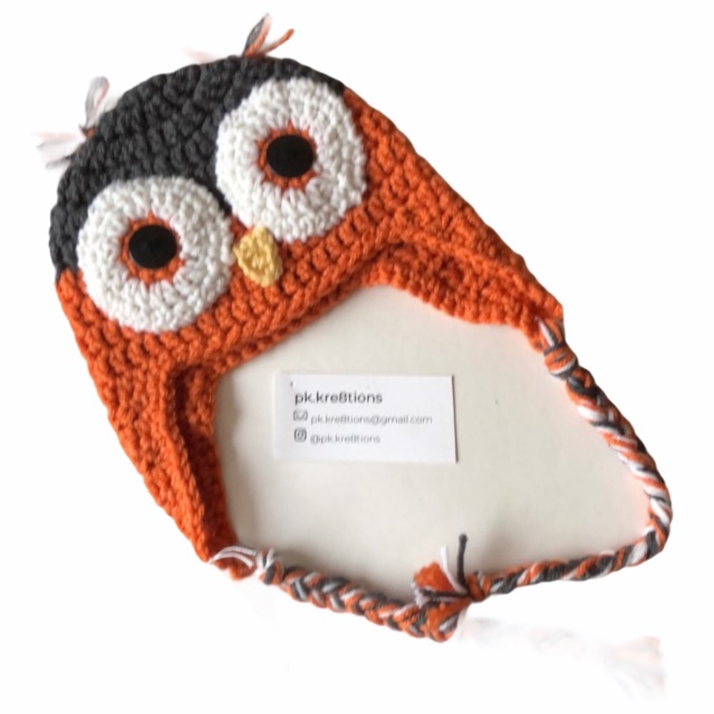 Handmade Crochet Owl Hat Orange Gray